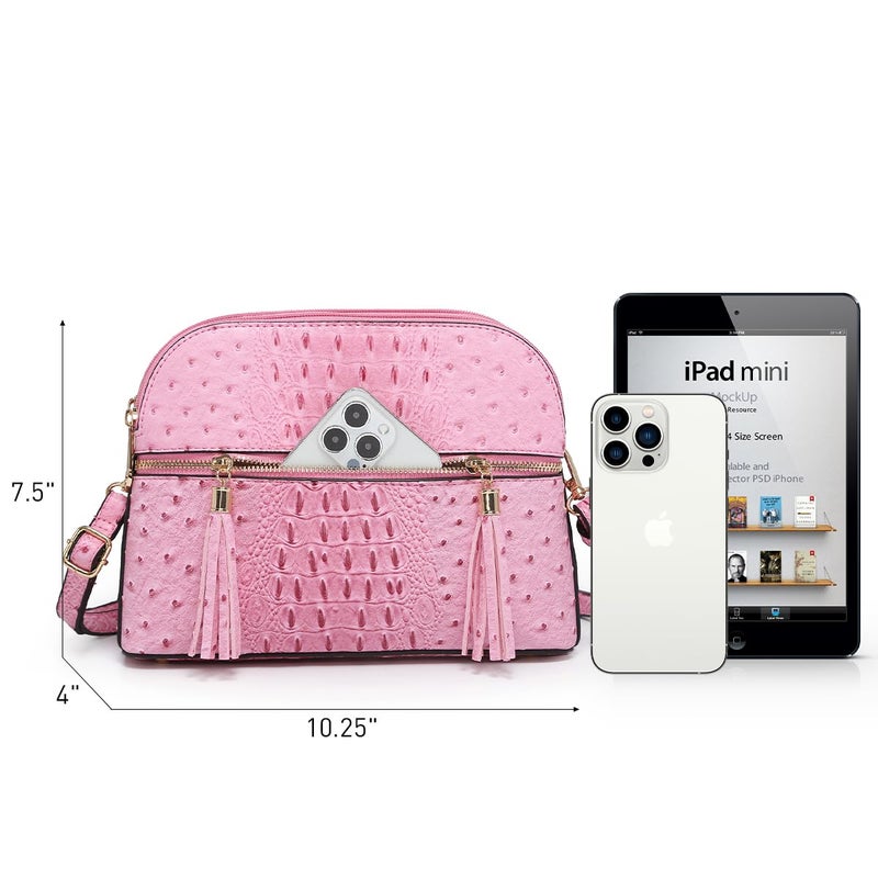 Dasein Women Tassel Zipper Pocket Crossbody Bag Shoulder Purse Fashion Travel Bag with Multi Pockets(Ostrich Pink) - Image 4